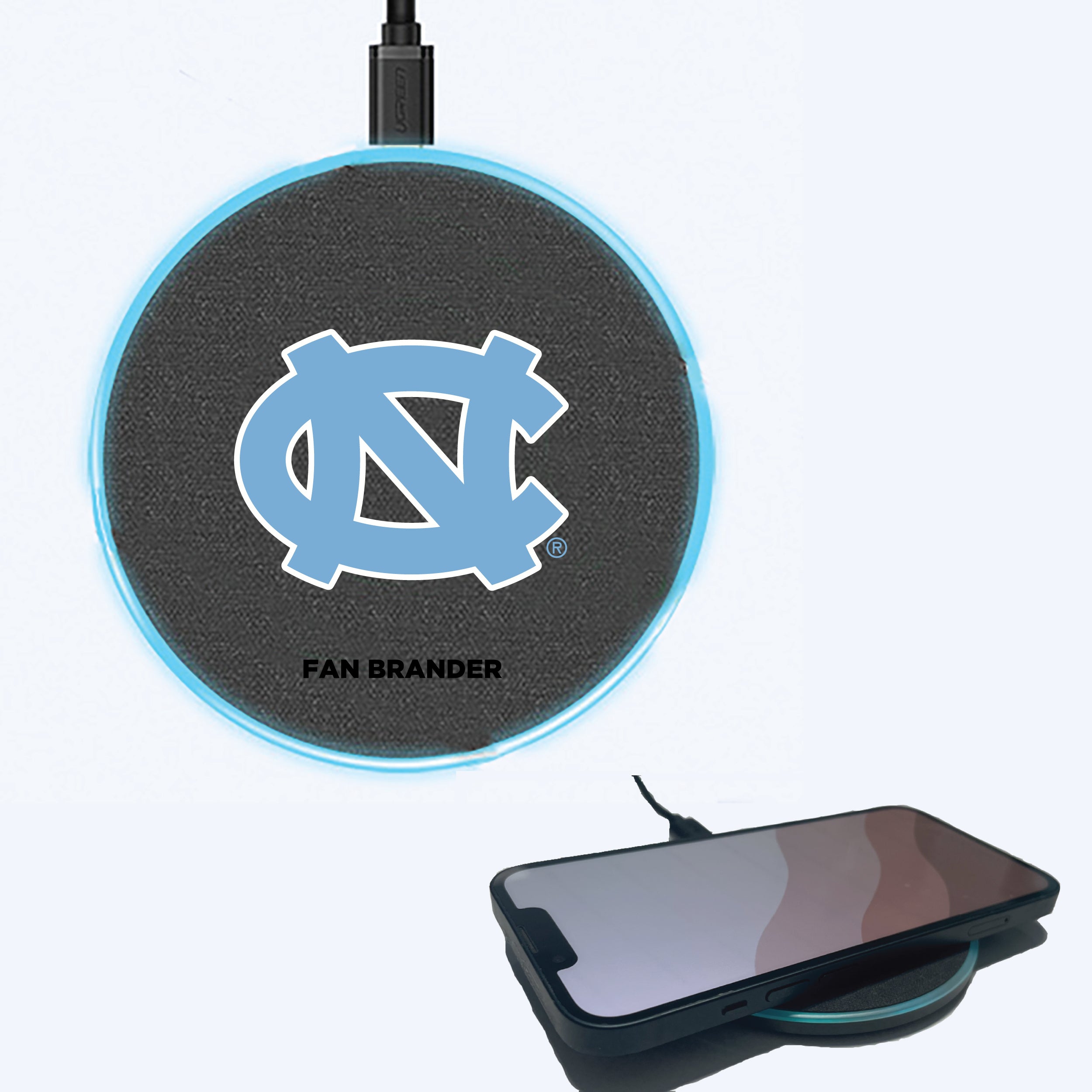 Fan Brander Grey 15W Wireless Charger with UNC Tar Heels Primary Logo