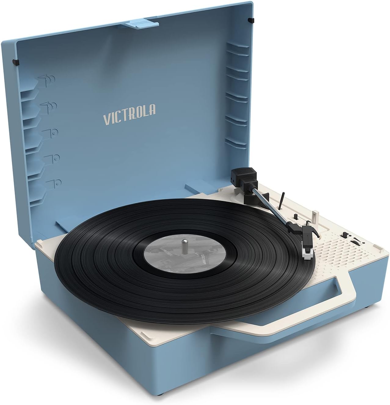 Victrola Re-Spin Sustainable Bluetooth Suitcase Record Player with Pepperdine Waves Primary Logo