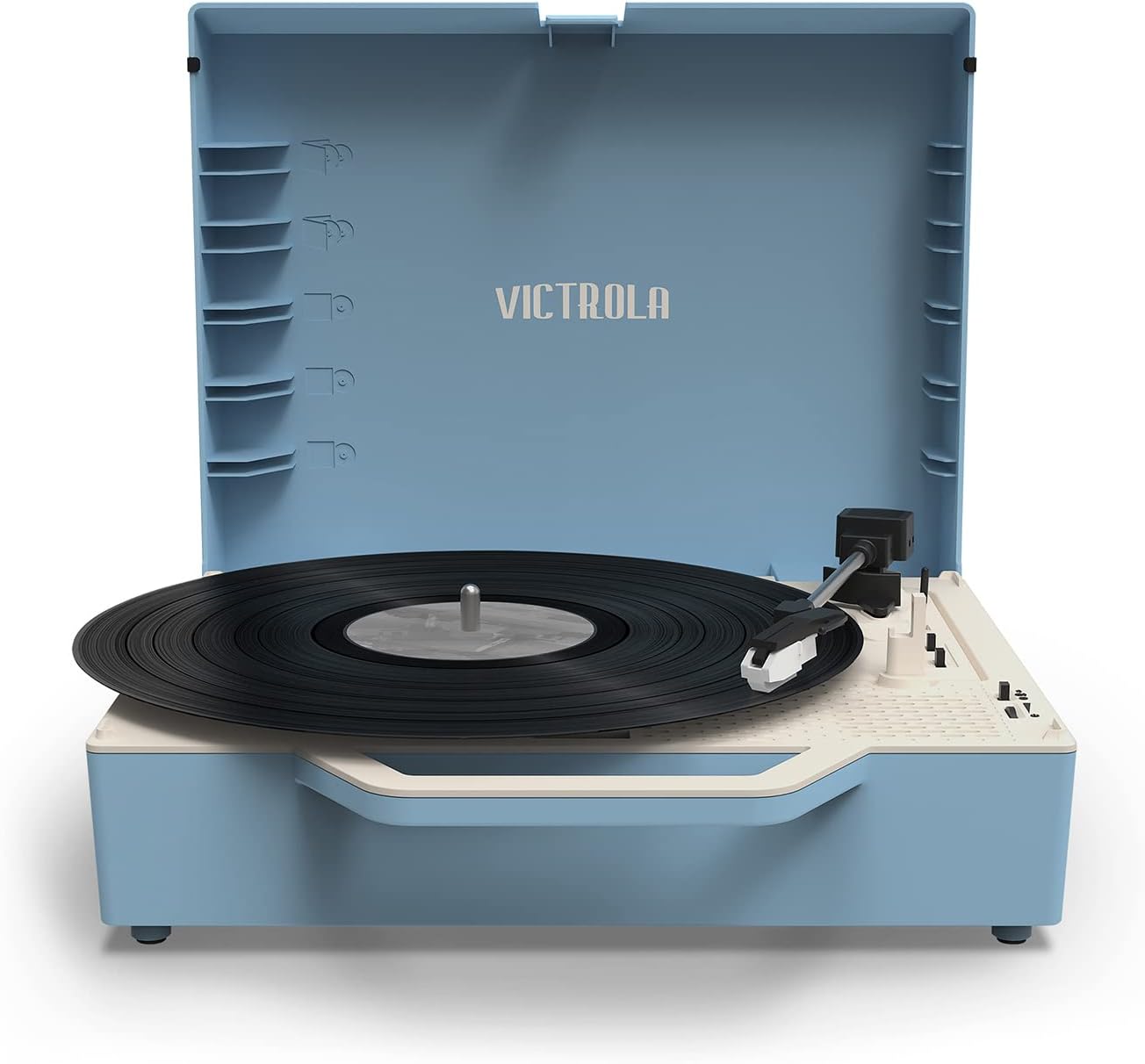 Victrola Re-Spin Sustainable Bluetooth Suitcase Record Player with Pepperdine Waves Primary Logo