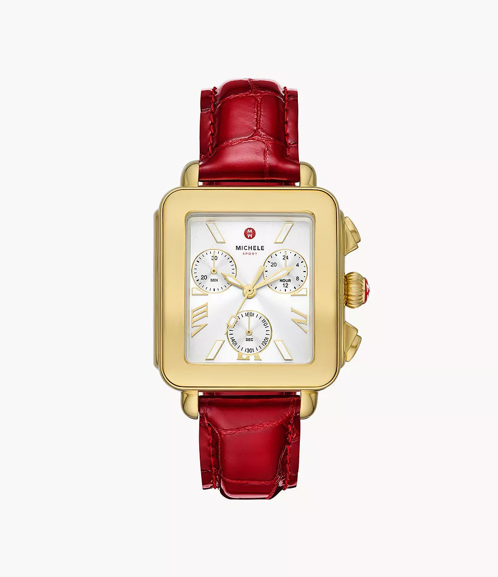 Michele Deco Sport 18K Gold-Plated Ruby Red Leather Watch