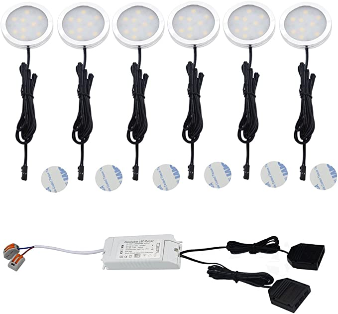 Aiboo 90-130V Triac Dimmable LED Under Cabinet 6 Puck Lights Kit with Hardwired Power Supply Unit for Kitchen Closet Acceent Lighting(Warm White,12W)