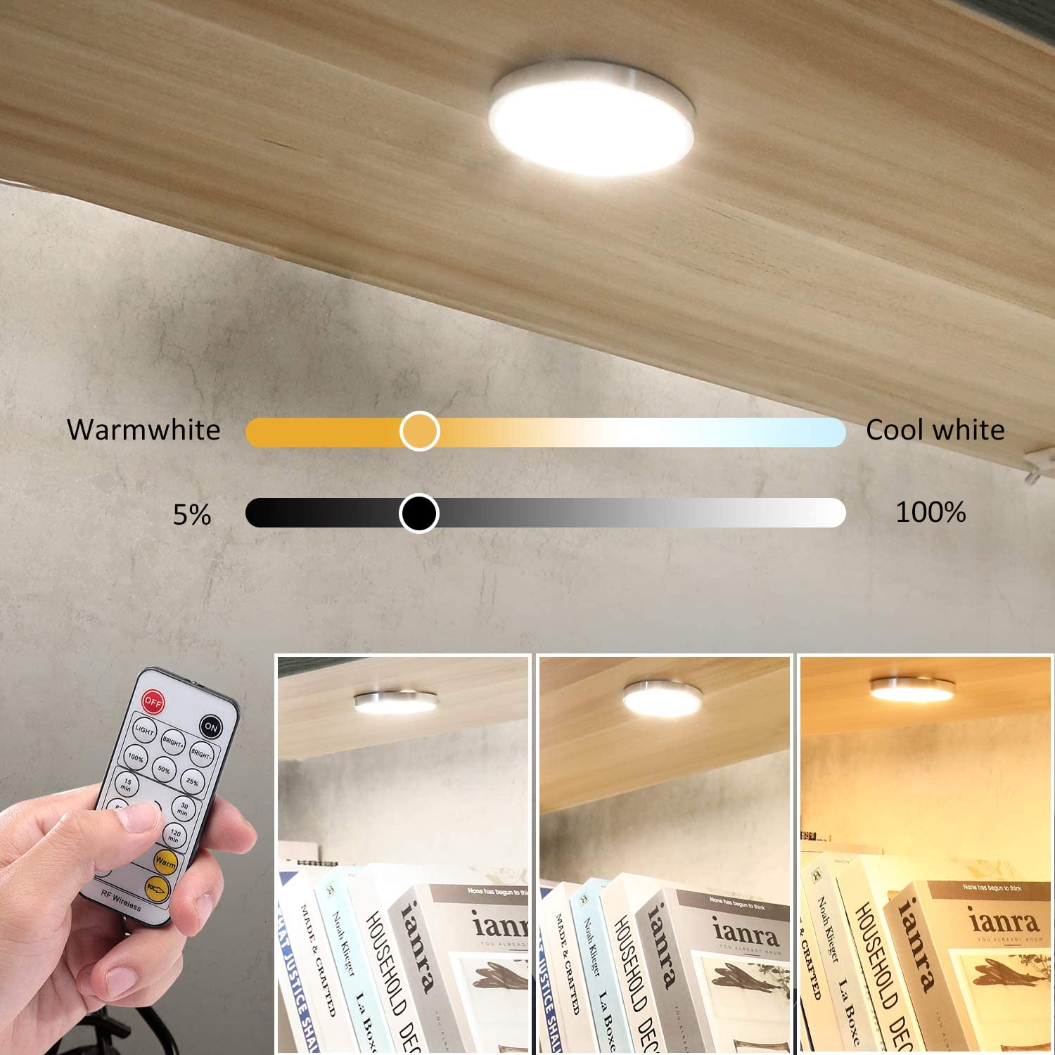 AIBOO LED Under Cabinet Puck Lights CCT Light Color Temperature Adjustable Warm+White Double Color with Dimmable RF Remote Controller for Kitchen Shelf Ambiance Display Lighting (8 Lights, 24W)