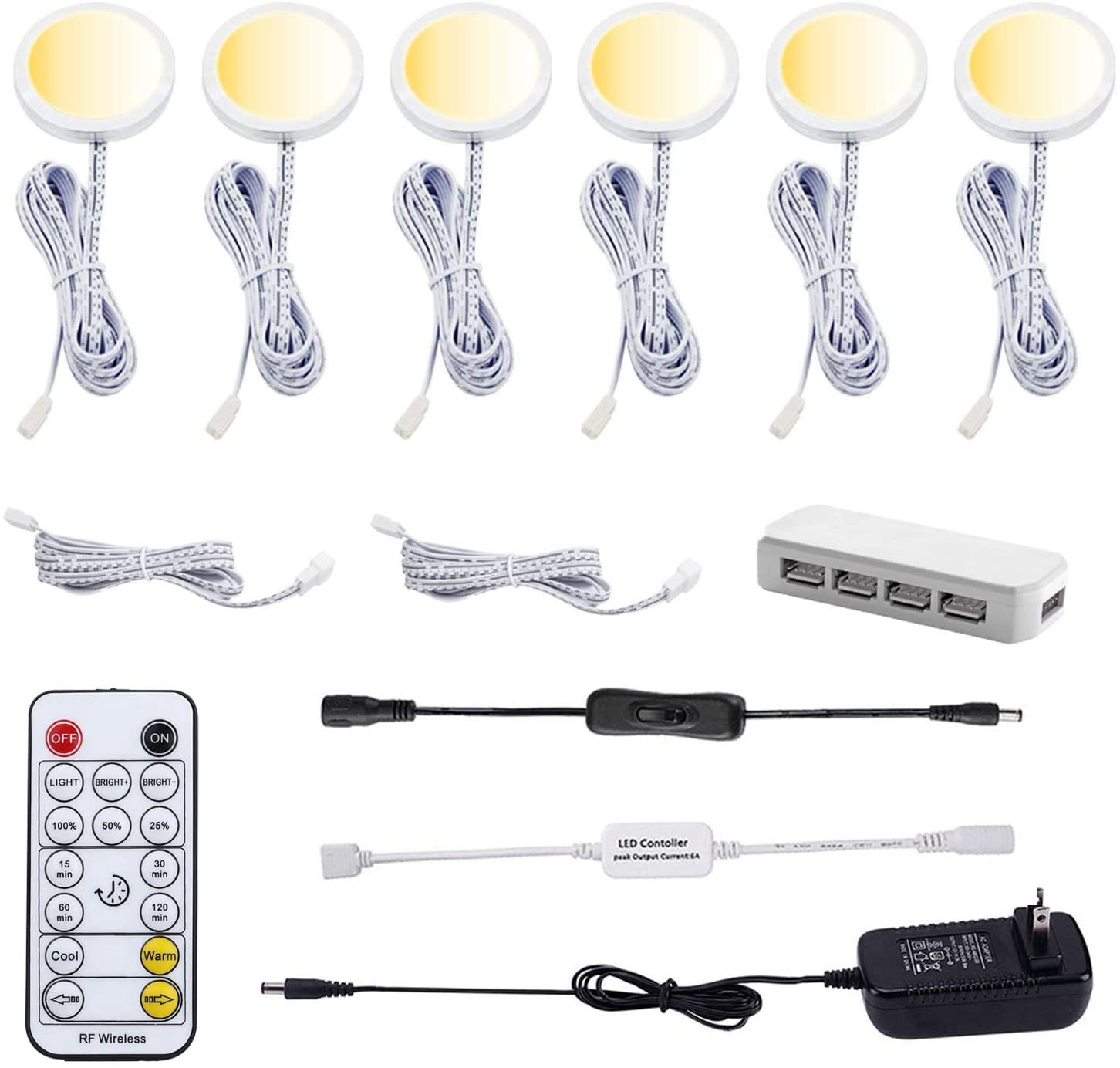 AIBOO Under Cabinet LED Puck Lights CCT Light Color Temperature Adjustable Warm+White Double Color with Dimmable RF Remote Controller for Kitchen Closet Ambiance Holiday Lighting (6 Lights, 18W)