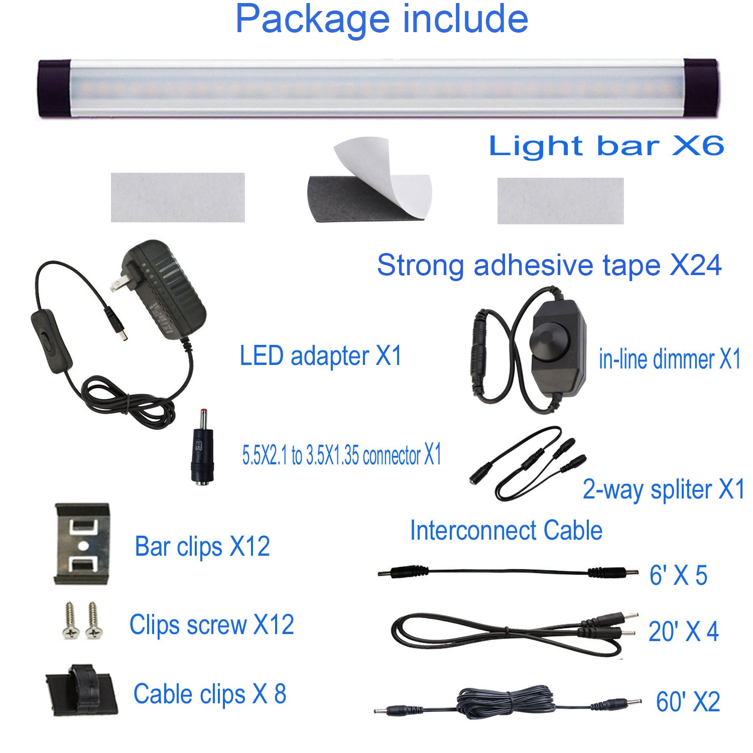 12V Linkable LED Under Cabinet Light Bar with Dimmer & Adapter(2700K/6000K, 6 Lights)