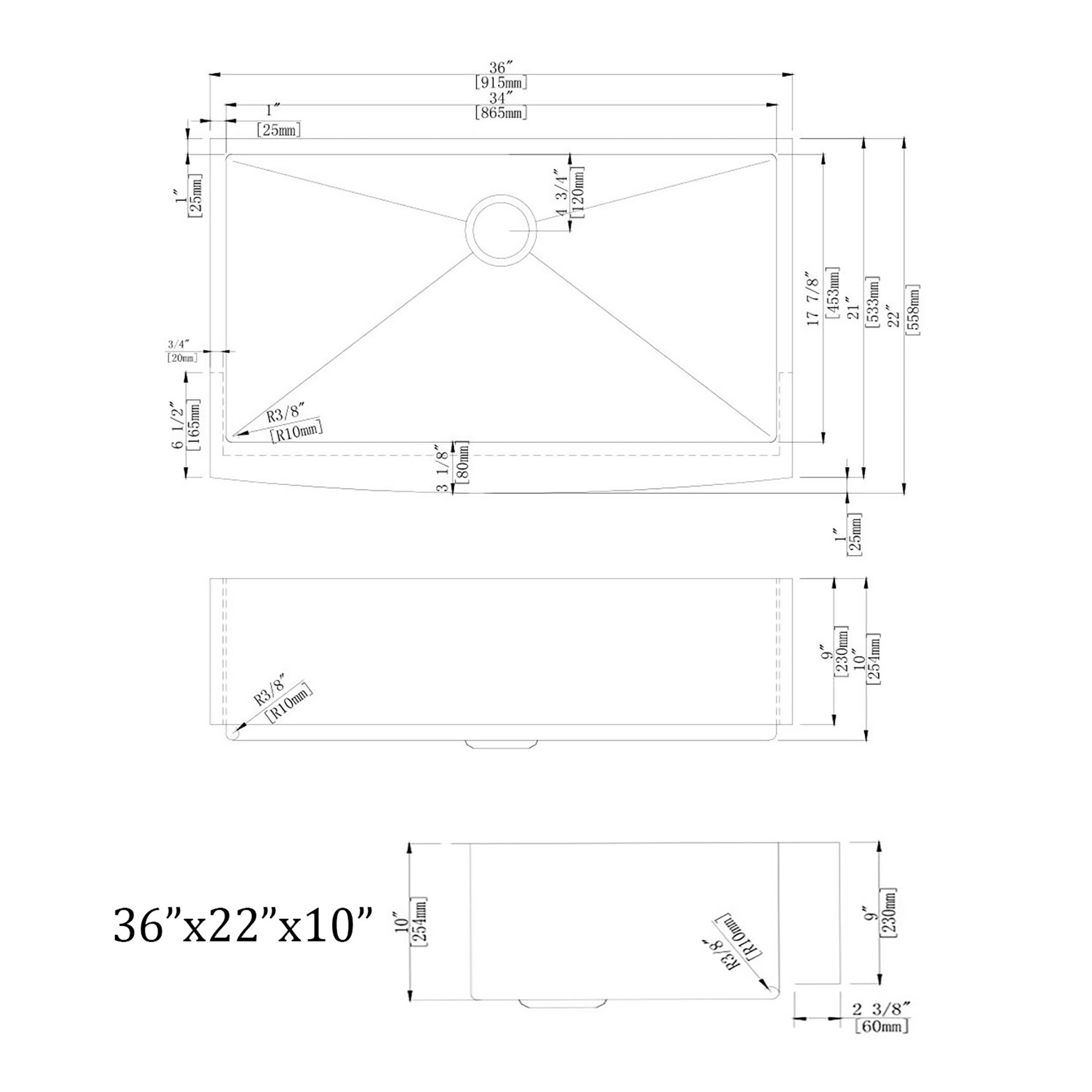 Empava 36 in. x 22 in. Single Bowl Kitchen Sink