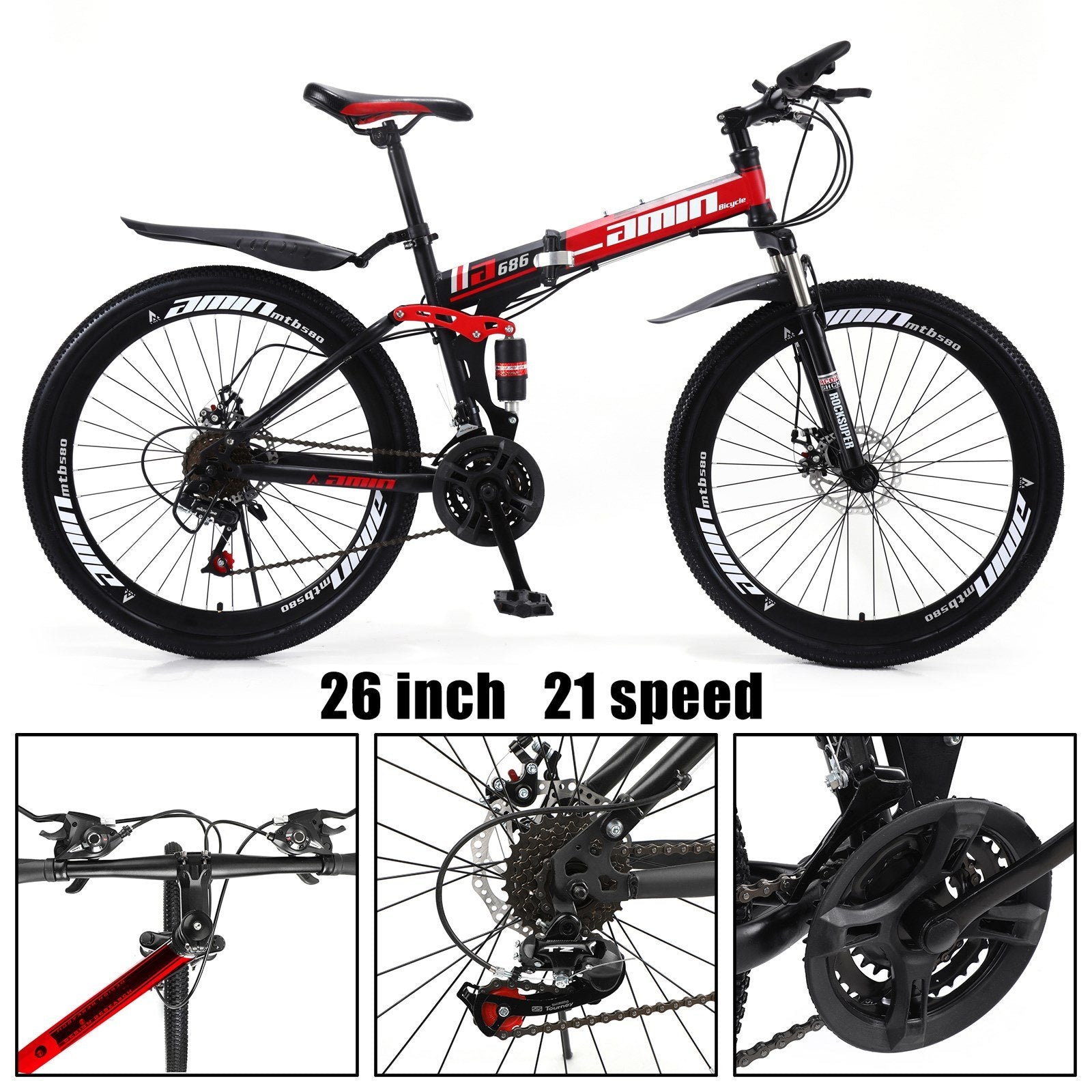 26 Inch 21 Speed Black&Read Folding Mountain Bike Full Suspension MTB Folding Bicycle for Sale