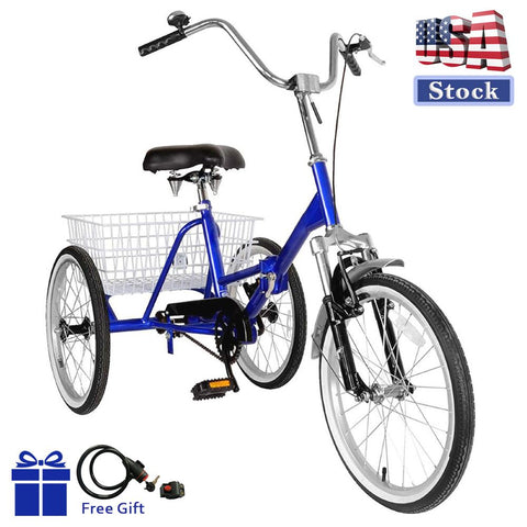 20'' Folding Tricycle Blue Bike Foldable Adult Tricycle 3 Wheeler Bicycle Portable Tricycle Blue With Basket Bike Lock and Air Pump