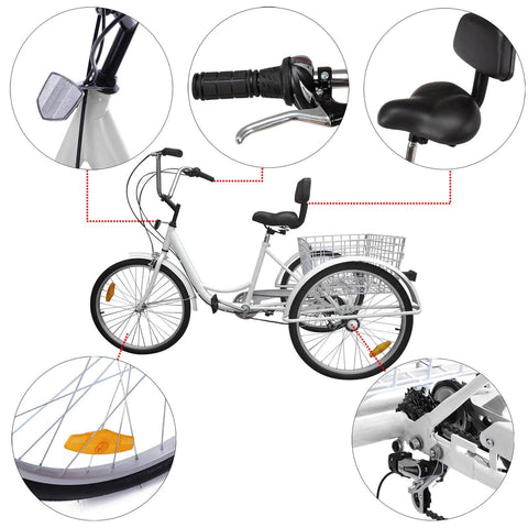 7-Speed 24" Bike Adult 3-Wheel Bicycle Tricycle Cruise With Basket White