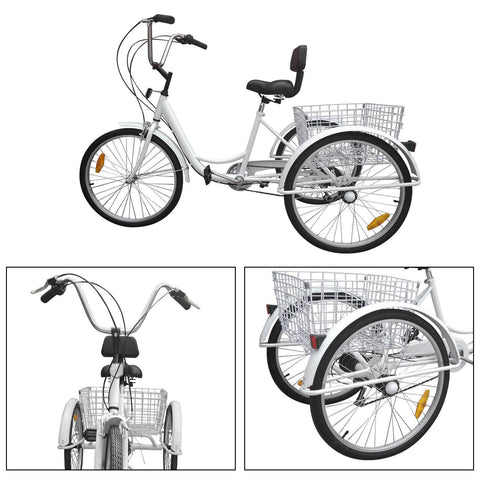 24'' Adult Tricycle 3 Wheel Bike 7 Speed White Trike With Basket Bike Lock and Air Pump USA/AUS Stock