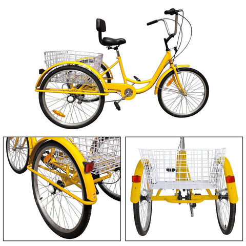 7-Speed 24''Bike Adult 3-Wheel Bicycle Tricycle Cruise With Basket Yellow US/AU Stock