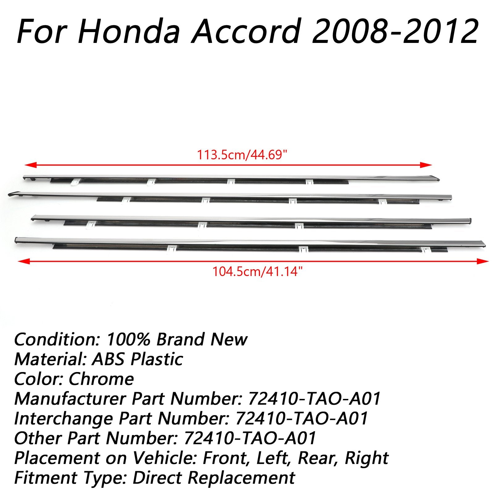 Honda Accord 2008-2012 Chrome Weatherstrip Window Molding Trim Seal Belt 4pcs Generico