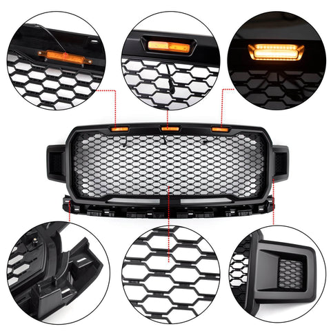 Fornt Upper Grill Amber LED Repalcement ABS Grille For Ford F-150 2018-2020 Black