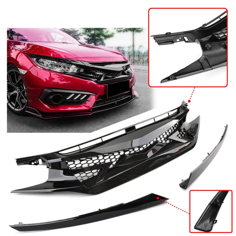 Battle Style Mesh Front Hood Grille Kit For 2016-2018 Honda Civic 10Th Gen Black Generic