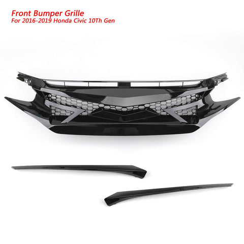 Mesh Front Hood Grille Kit For 2016-2018 Honda Civic 10Th Gen Battle Style Black