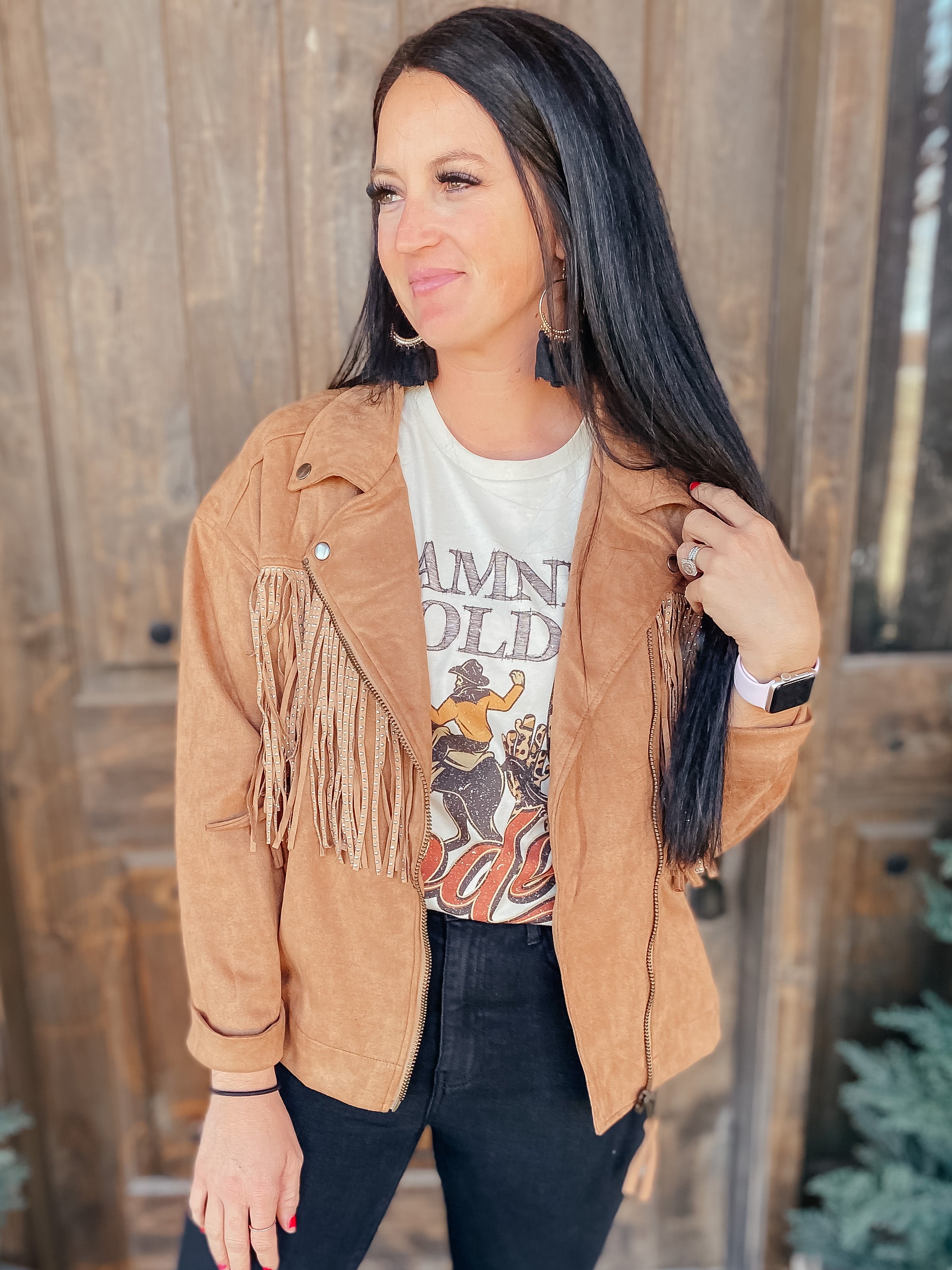 Fringe and Studs Faux Suede Jacket