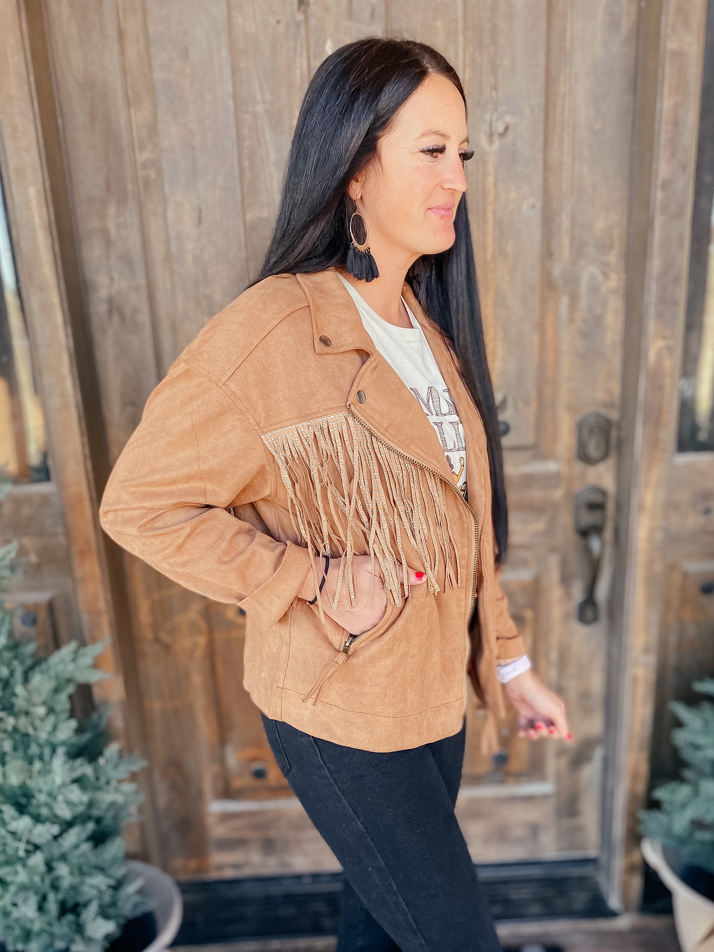 Fringe and Studs Faux Suede Jacket