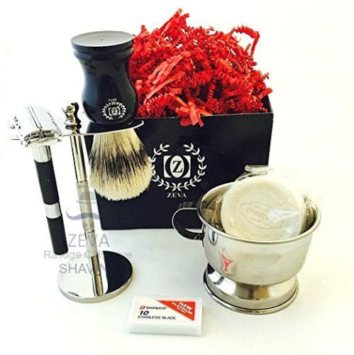 ZEVA Shaving Set- DE Safety Razor, Stand, Cup with Handle, Soap, 10 Dorco Blades