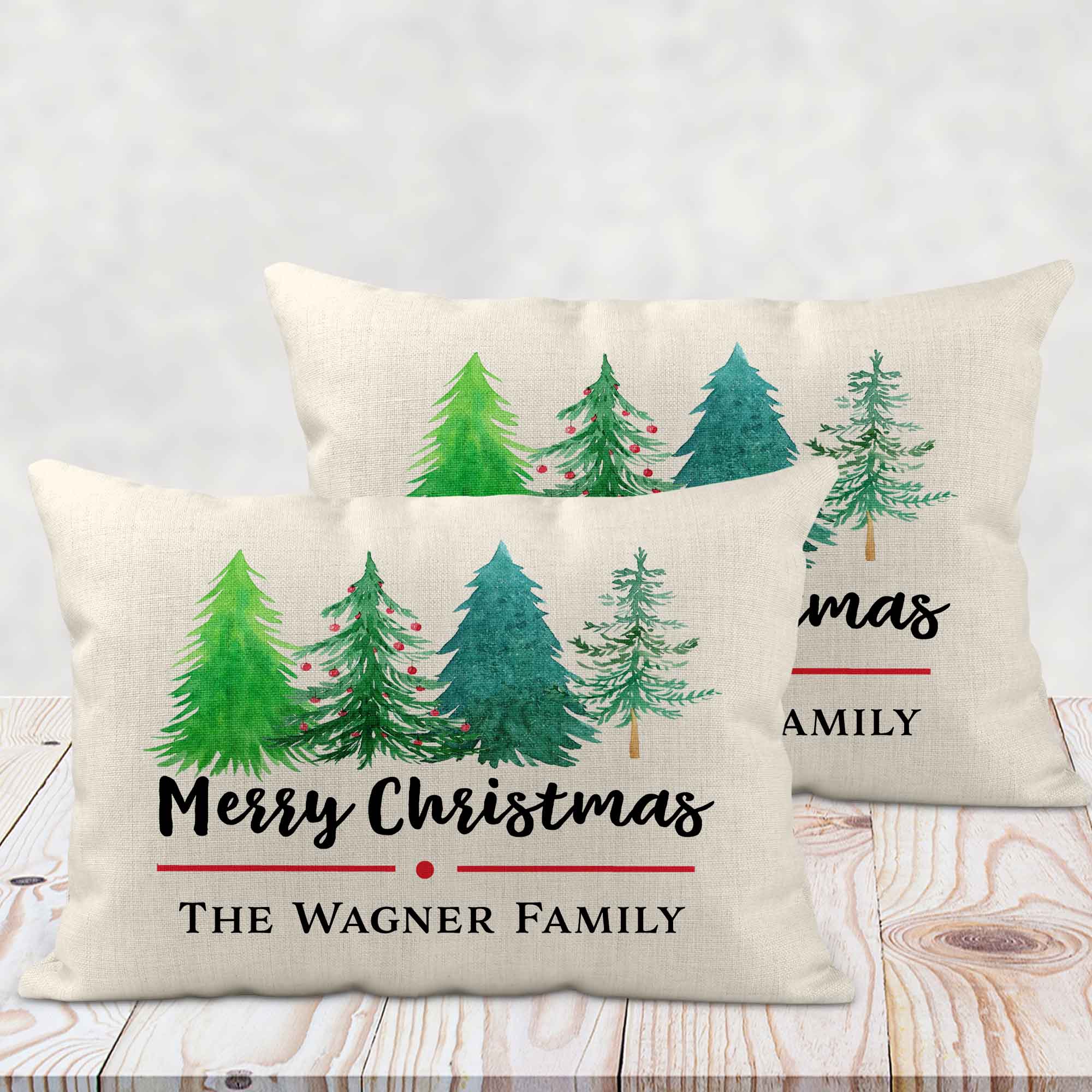 Personalized Lumbar Pillow | Custom Decorative Pillow | Merry Christmas Watercolor Tree