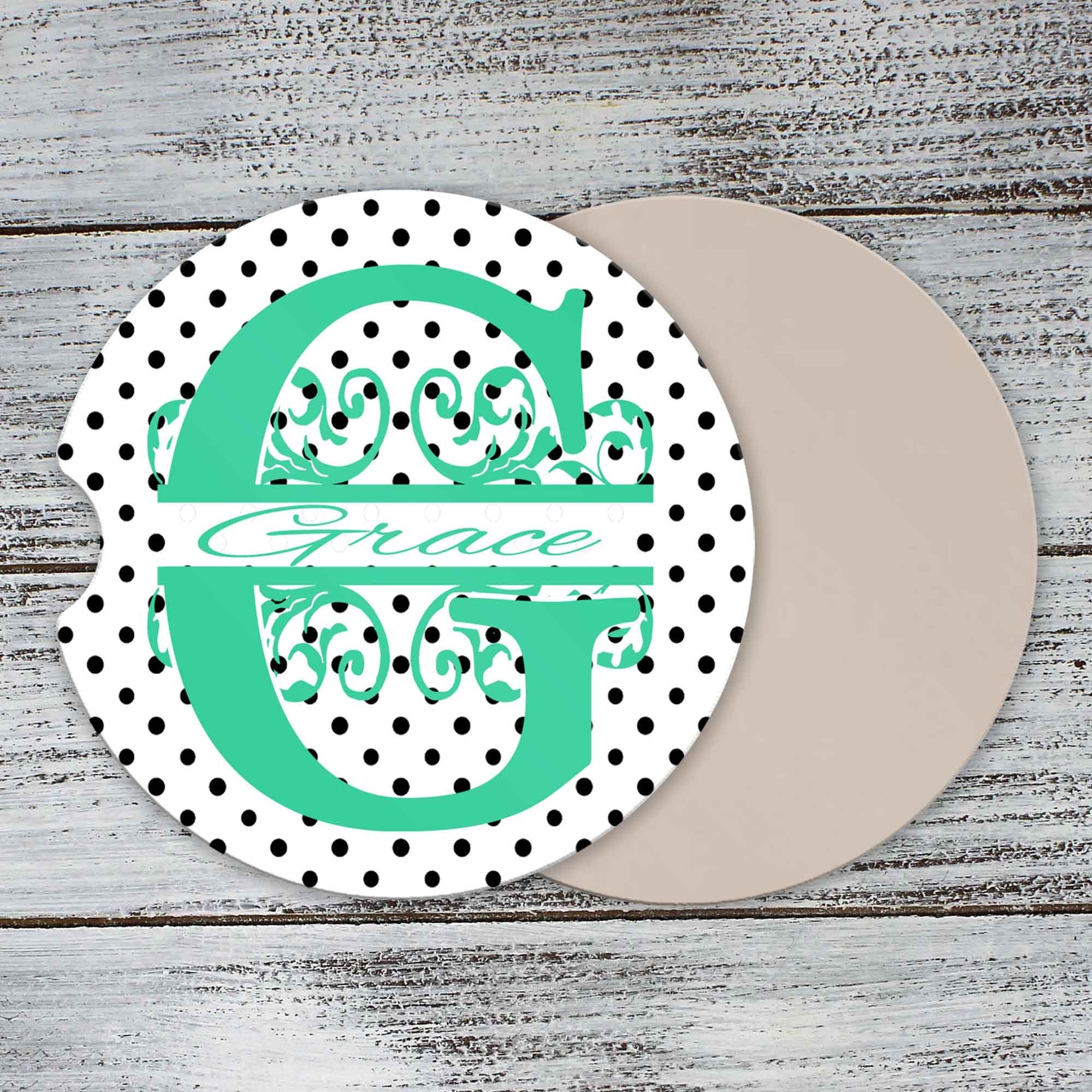 Personalized Car Coasters | Custom Car Accessories | Black Polka Dot | Set of 2