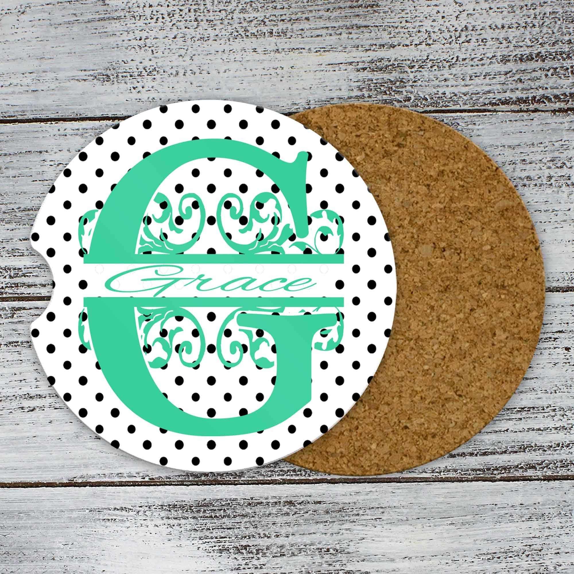 Personalized Car Coasters | Custom Car Accessories | Black Polka Dot | Set of 2