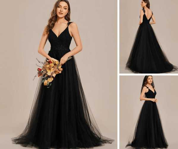 Double V Neck Lace Bodice Open Back Tulle Wedding Dress