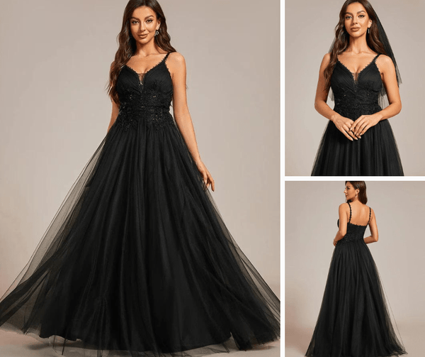Tulle Floral Spaghetti Strap Illusion V-Neck A-Line Wedding Dress