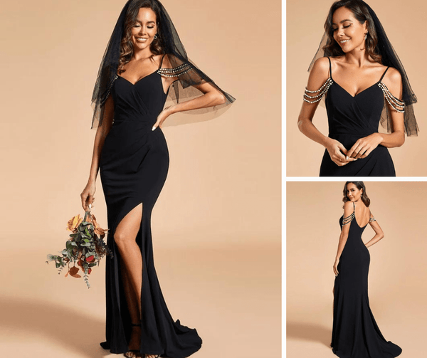 Pearl Chain Cold Shoulder Front Slit Pleated Mermaid Wedding Dress