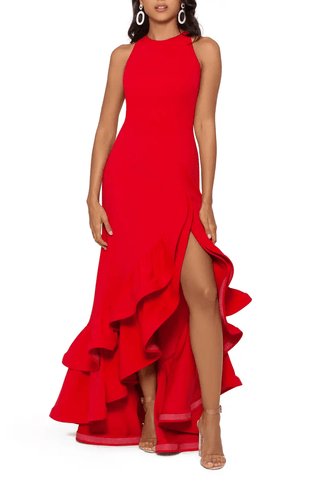Ruffle Halter Crepe Gown for Christmas
