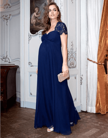 Navy Blue Silk & Lace Maternity Evening Dress