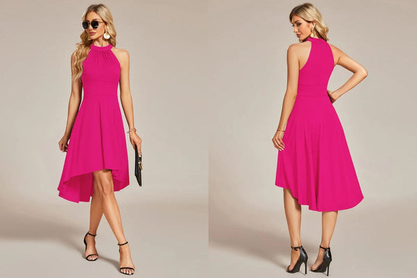 Halterneck Fashion Knee-Length A-Line Wedding Guest Dress