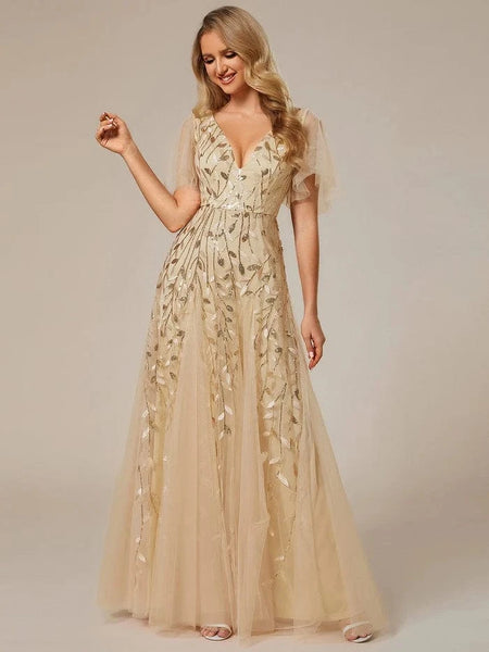 Shimmery V Neck Ruffle Sleeves Sequin Maxi Long Dress