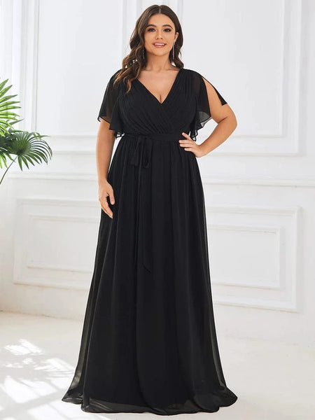 Plus Size Ruffle Pleated Chiffon Tie-Waist Formal Evening Dress