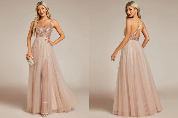 V-Neck Sequins and Tulle Backless Bridesmaid Dress