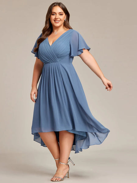 Plus Size Double V-Neck Ruffles Sleeve Chiffon Midi Formal Dress