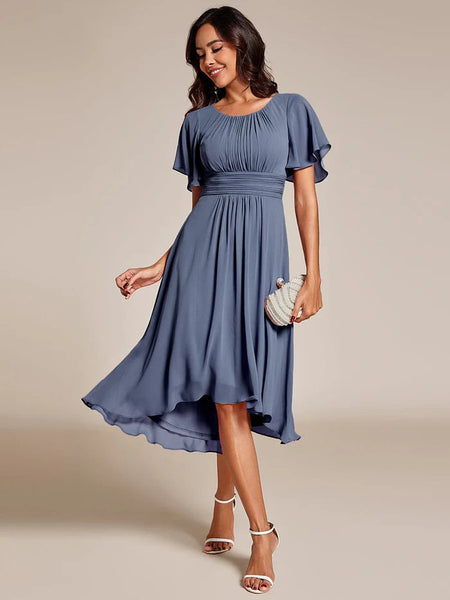 Flowy Chiffon Round Neckline A-Line Knee Length Wedding Guest Dress