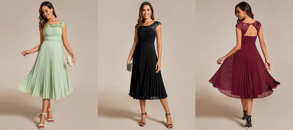 A-Line Pleated Chiffon Wedding Guest Dress with Round Neckline