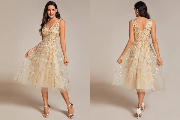 V-Neck Leaf Sequined Sleeveless A-Line Midi Wedding Guest Dress