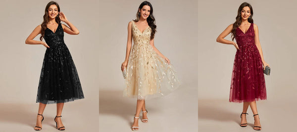 V-Neck Leaf Sequined Sleeveless A-Line Midi Wedding Guest Dress