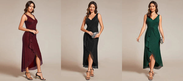High-Low Ruffle Mermaid Wedding Guest Dress with V-Neck