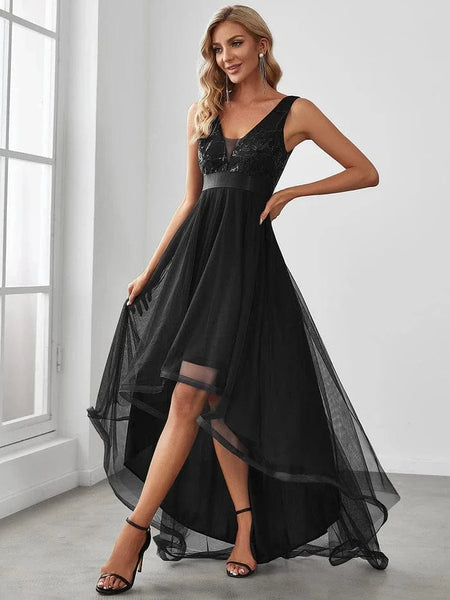 Fashion High-Low Deep V Neck Tulle Dress with Sequin Appliques