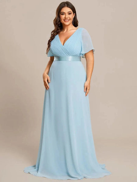 Plus Size Empire Waist V Back Formal Dress with Short Sleeves