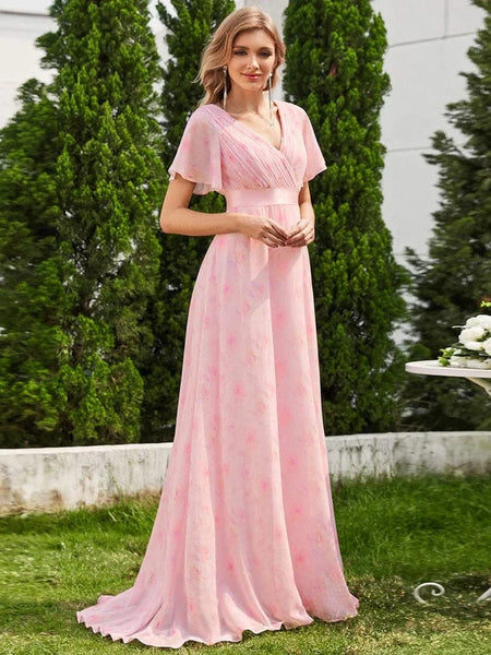 Long Floral Empire Waist Dress with Short Flutter Sleeves