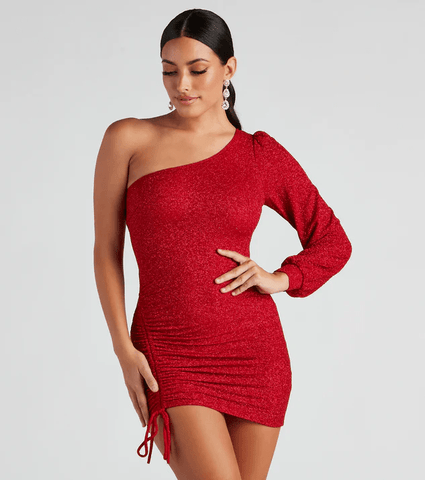 Evening Of Sparkle Balloon Sleeve Ruche Mini Dress