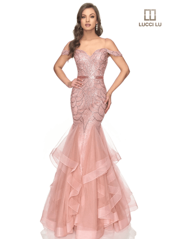 Long Beaded Mermaid Ruffle Layer Prom Dress