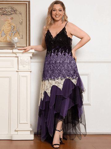 Plus Size V Neck Asymmetrical Hemline Cocktail Dress