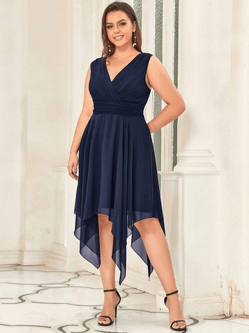 Plus Size V Neck Midi Chiffon Cocktail Dress