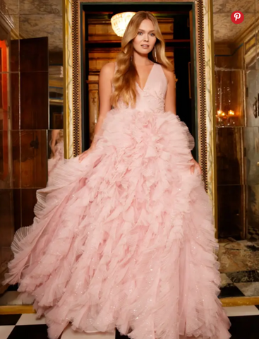 Tulle V-Neck Ball Gown with Ruffle Skirt