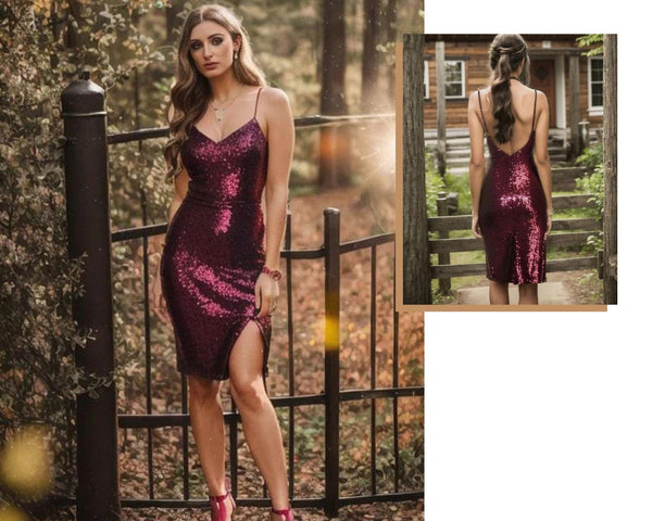 Spaghetti Strap Sparkling V-Neck Short Bodycon Homecoming Dress