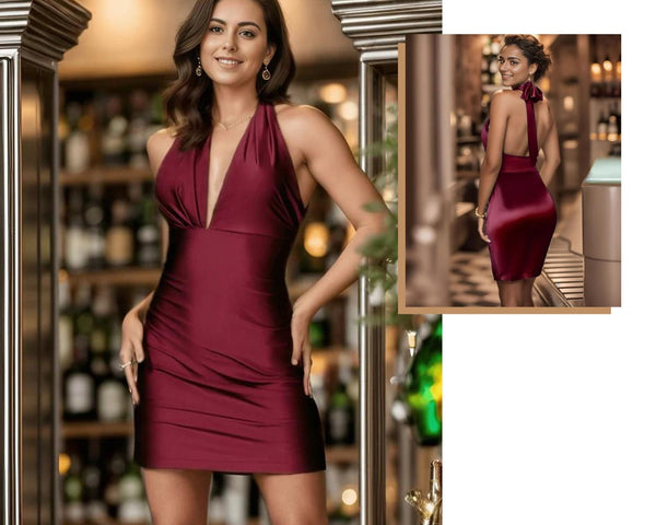 Short Open-Back Tie-Neck Halter Satin Bodycon Homecoming Dress