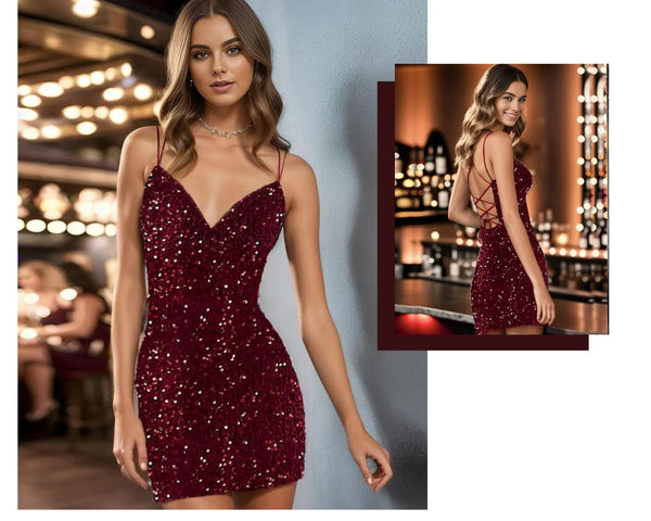 Sparkly Sequin Back Lace-Up Spaghetti Strap V-Neck Homecoming Dress